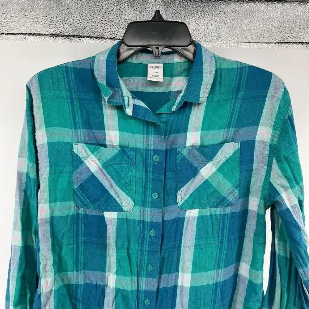 Arizona Jean Co Girl’s Green Pink Cotton Modal Plaid Button Front Top XL 16